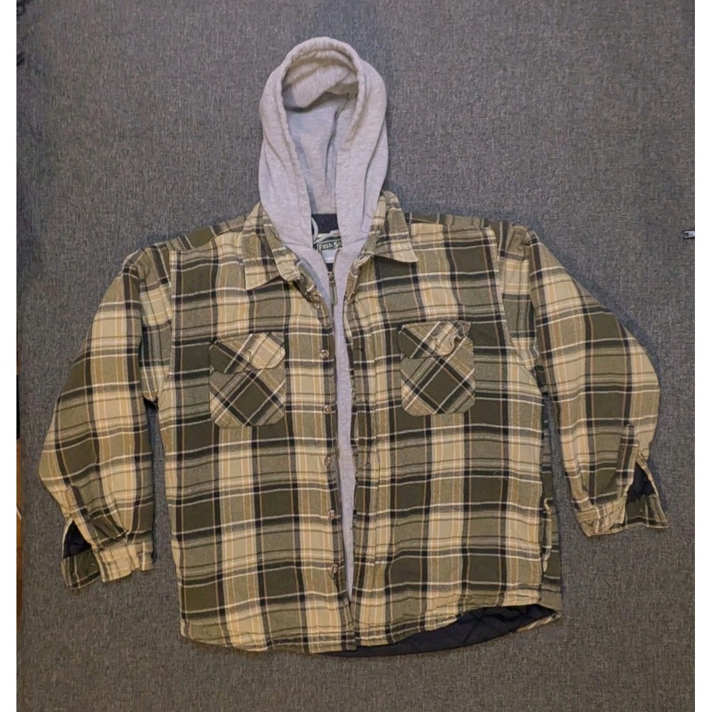 Vintage Field & Stream Jacket Mens XL Plaid Hooded Zip Up Flannel Quilted Lined